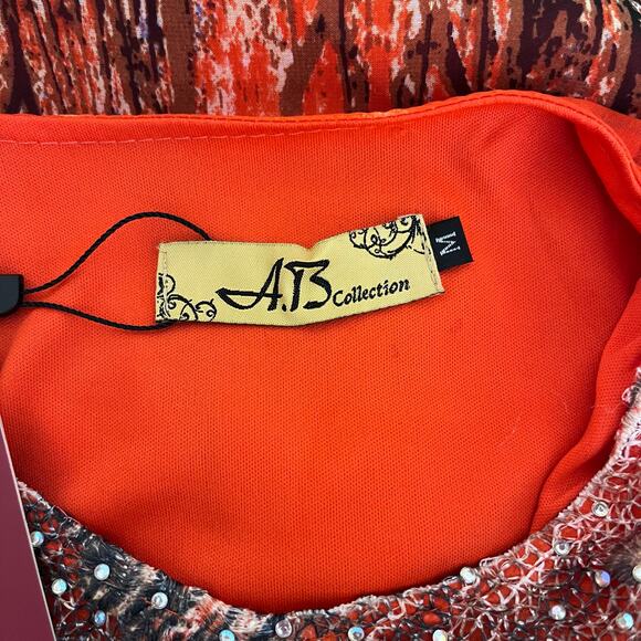 A. B Collection Womens Size Medium Orange Blue Beaded Asymmetric Tunic Blouse - Picture 7 of 8